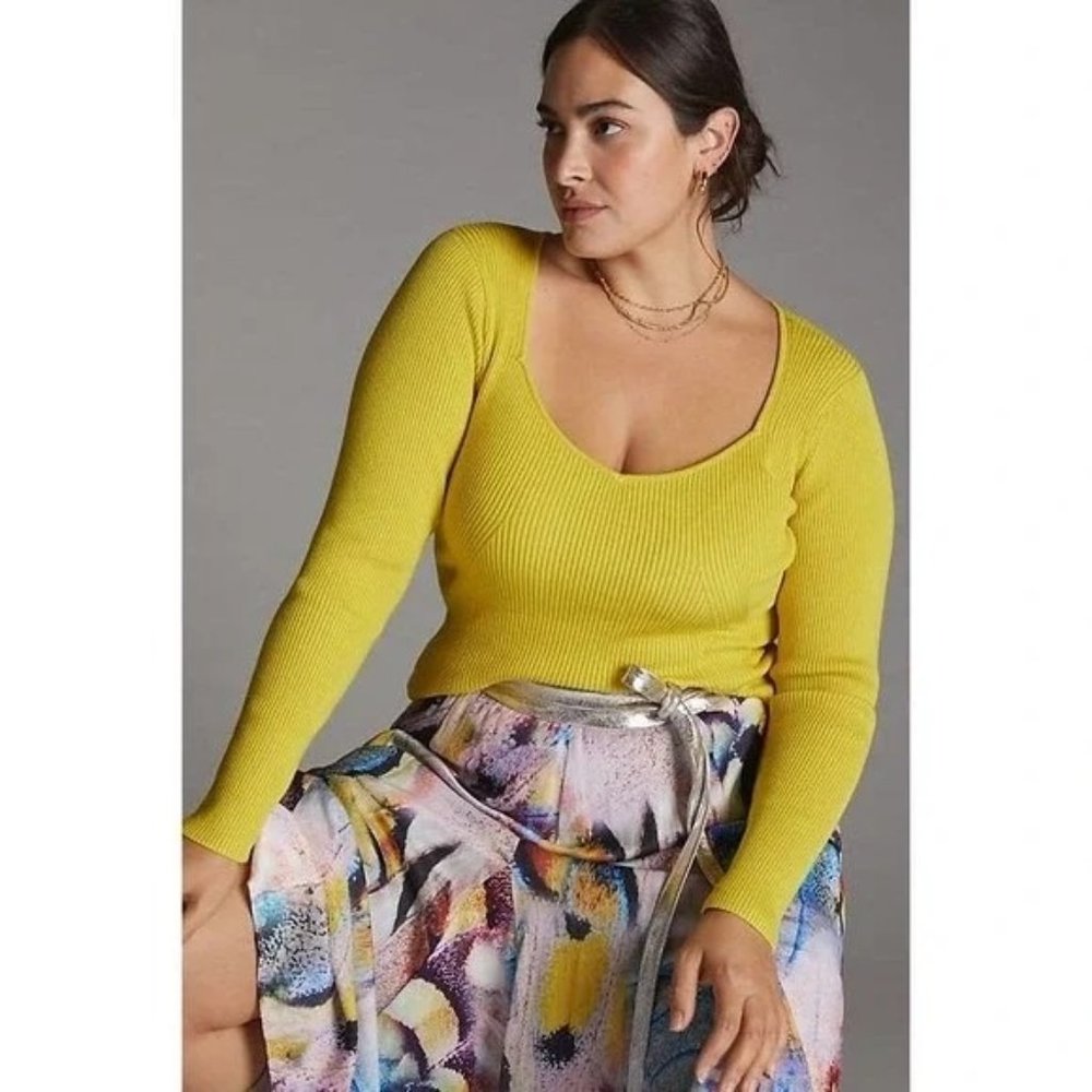 Anthropologie Sweetheart Ribbed Long Sleeve Knit Sweater Top Citron Yellow
